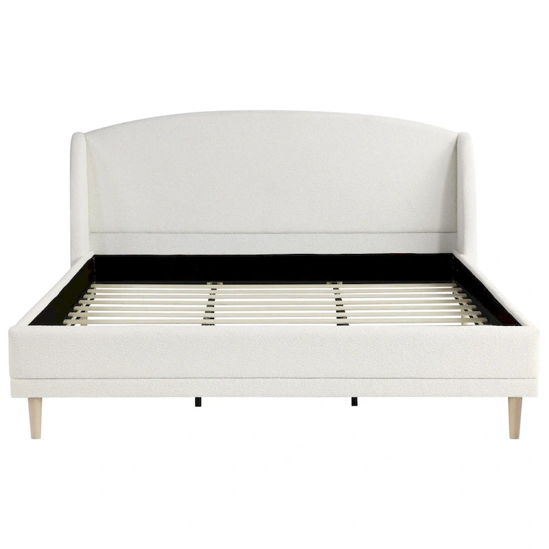 Lit plateforme blanc, cadre rembourré en tissu bouclé, tête de lit aux coins arrondis, lit à oreilles avec sommier à lattes en bois et pieds centraux en métal