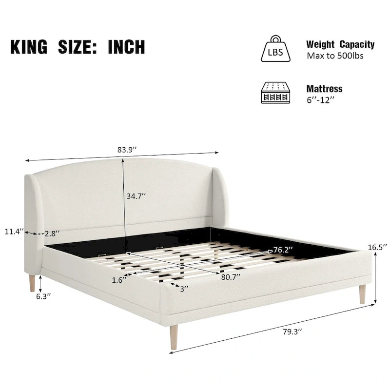 Lit plateforme blanc, cadre rembourré en tissu bouclé, tête de lit aux coins arrondis, lit à oreilles avec sommier à lattes en bois et pieds centraux en métal