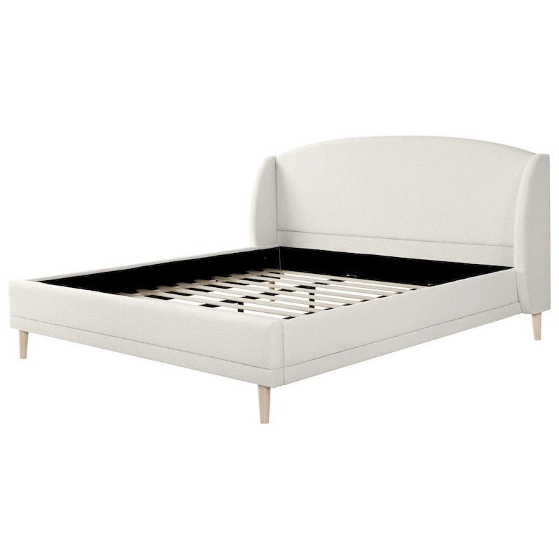 Lit plateforme blanc, cadre rembourré en tissu bouclé, tête de lit aux coins arrondis, lit à oreilles avec sommier à lattes en bois et pieds centraux en métal