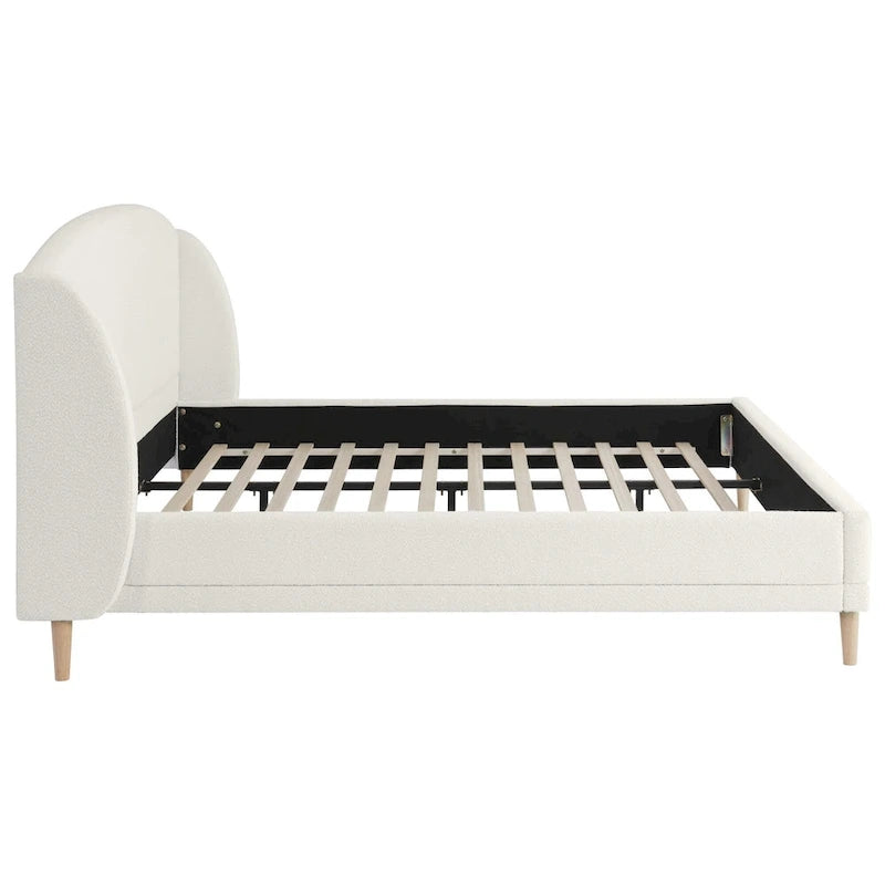 Lit plateforme blanc, cadre rembourré en tissu bouclé, tête de lit aux coins arrondis, lit à oreilles avec sommier à lattes en bois et pieds centraux en métal