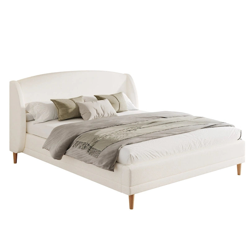 Lit plateforme blanc, cadre rembourré en tissu bouclé, tête de lit aux coins arrondis, lit à oreilles avec sommier à lattes en bois et pieds centraux en métal
