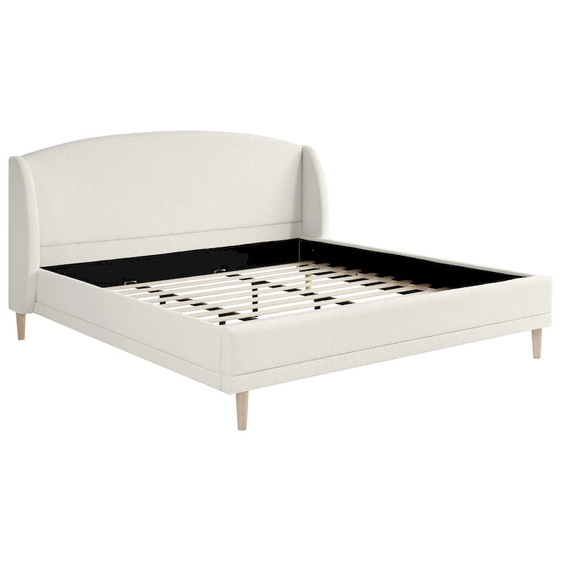 Lit plateforme blanc, cadre rembourré en tissu bouclé, tête de lit aux coins arrondis, lit à oreilles avec sommier à lattes en bois et pieds centraux en métal
