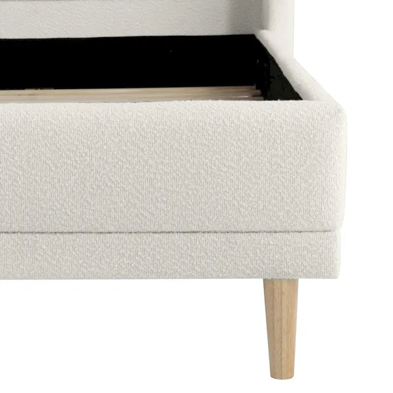 Lit plateforme blanc, cadre rembourré en tissu bouclé, tête de lit aux coins arrondis, lit à oreilles avec sommier à lattes en bois et pieds centraux en métal