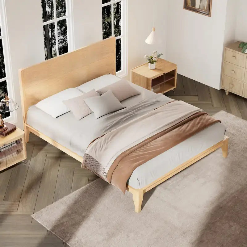 Modern Bamboo Platform Bed Frame with Headboard, Metal Middle Support Rod and Wooden Slats, No Box Spring Needed, Easy Assembly
