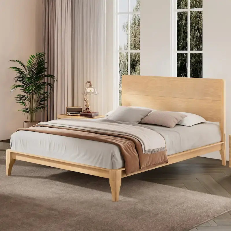 Cadre de lit plateforme moderne en bambou avec tête de lit, barre de soutien centrale en métal et lattes en bois, sommier non requis, montage facile