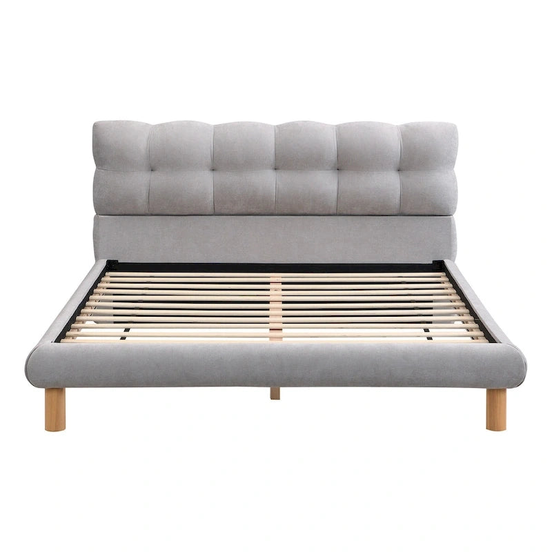 Lit plateforme gris avec tête de lit en forme de biscuit, lit à oreilles rembourré, lit bas avec pieds ronds en bois