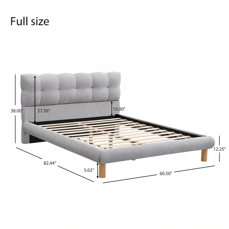 Lit plateforme gris avec tête de lit en forme de biscuit, lit à oreilles rembourré, lit bas avec pieds ronds en bois