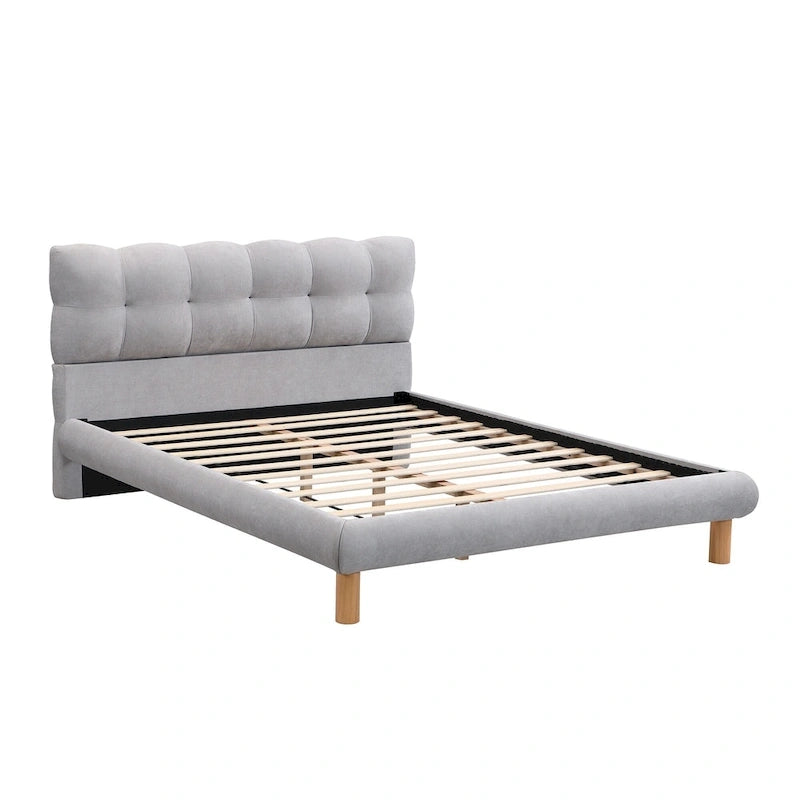 Lit plateforme gris avec tête de lit en forme de biscuit, lit à oreilles rembourré, lit bas avec pieds ronds en bois