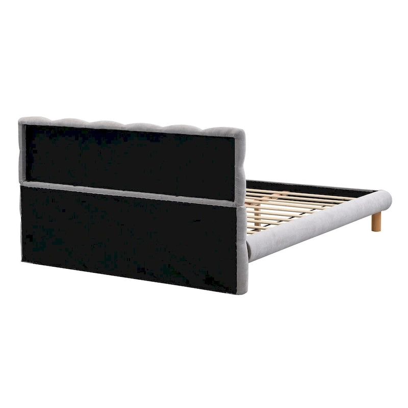 Lit plateforme gris avec tête de lit en forme de biscuit, lit à oreilles rembourré, lit bas avec pieds ronds en bois