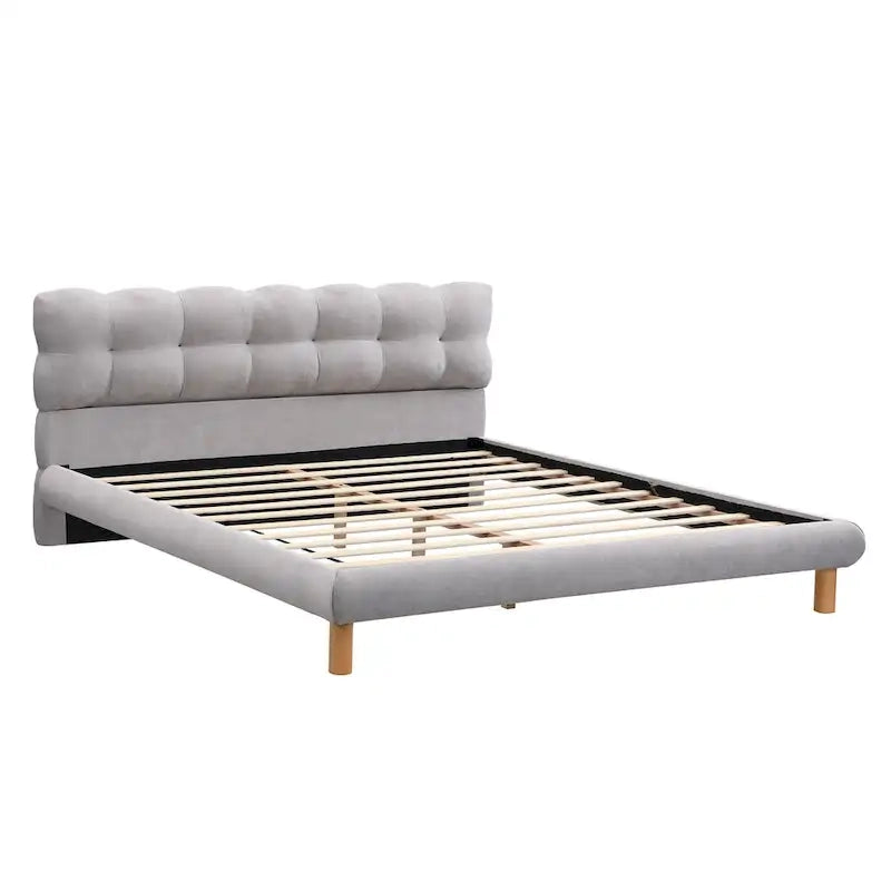 Lit plateforme gris avec tête de lit en forme de biscuit, lit à oreilles rembourré, lit bas avec pieds ronds en bois