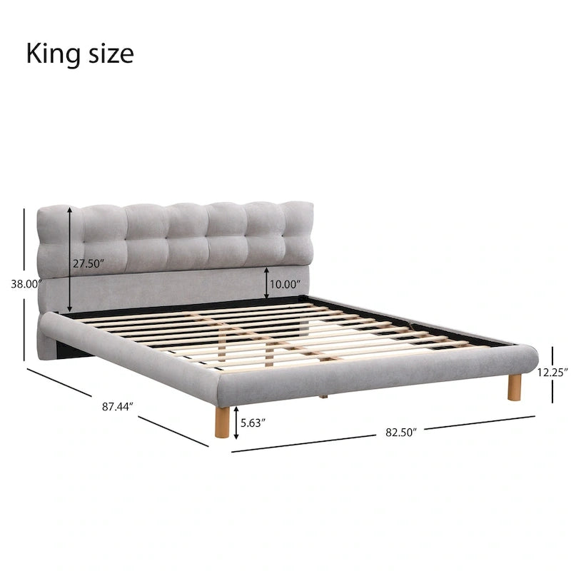 Lit plateforme gris avec tête de lit en forme de biscuit, lit à oreilles rembourré, lit bas avec pieds ronds en bois