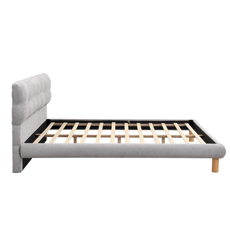 Lit plateforme gris avec tête de lit en forme de biscuit, lit à oreilles rembourré, lit bas avec pieds ronds en bois