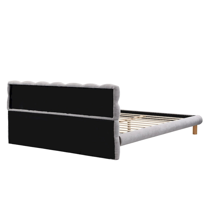 Lit plateforme gris avec tête de lit en forme de biscuit, lit à oreilles rembourré, lit bas avec pieds ronds en bois