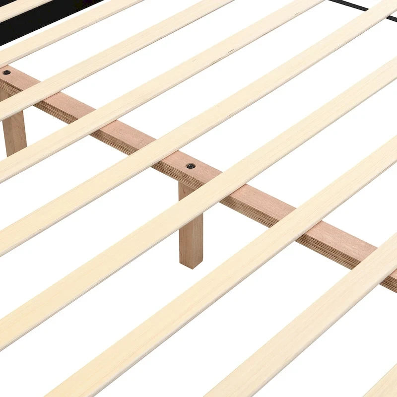 Lit plateforme gris avec tête de lit en forme de biscuit, lit à oreilles rembourré, lit bas avec pieds ronds en bois