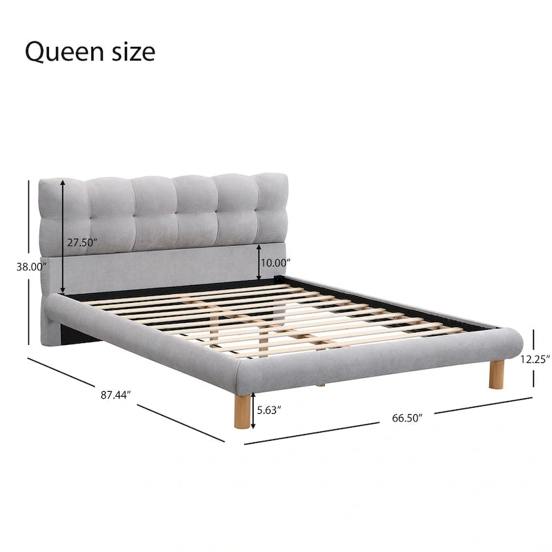 Lit plateforme gris avec tête de lit en forme de biscuit, lit à oreilles rembourré, lit bas avec pieds ronds en bois