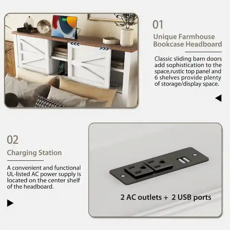 Lit plateforme de style campagnard avec double porte coulissante de style grange et station de recharge