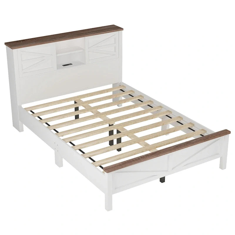 Lit plateforme de style campagnard avec double porte coulissante de style grange et station de recharge