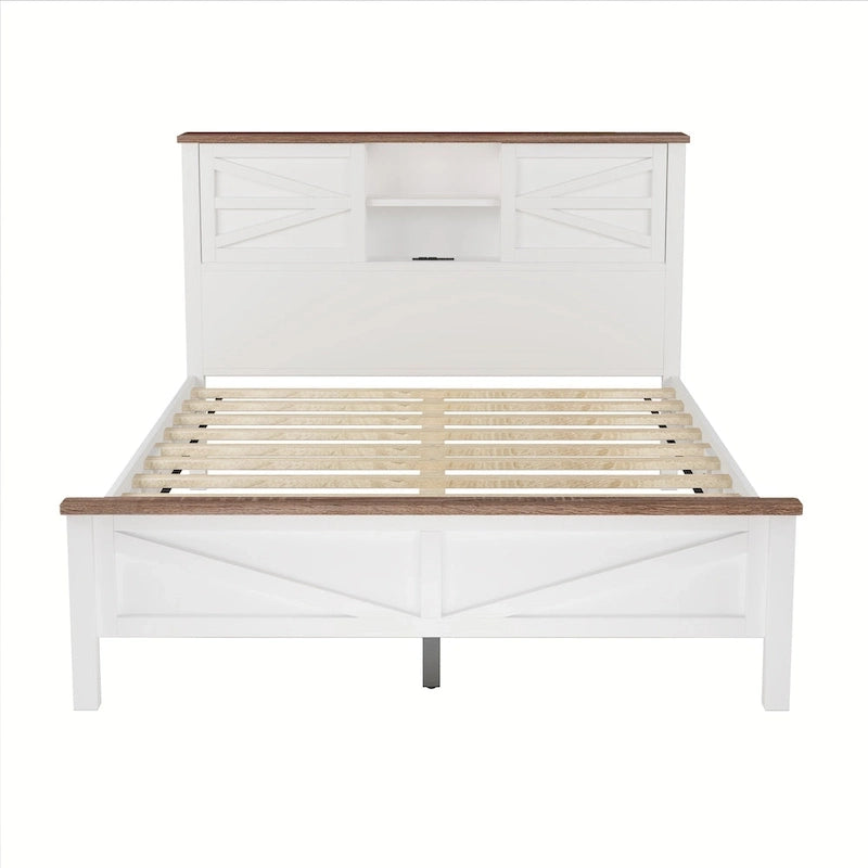 Lit plateforme de style campagnard avec double porte coulissante de style grange et station de recharge