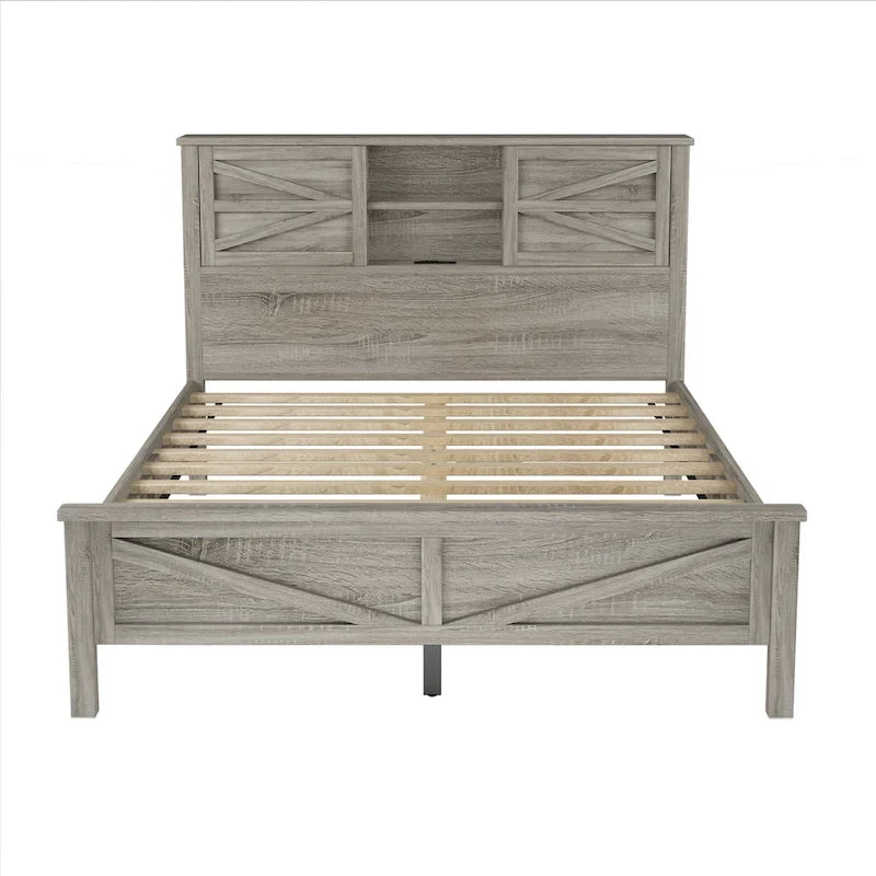Lit plateforme de style campagnard avec double porte coulissante de style grange et station de recharge
