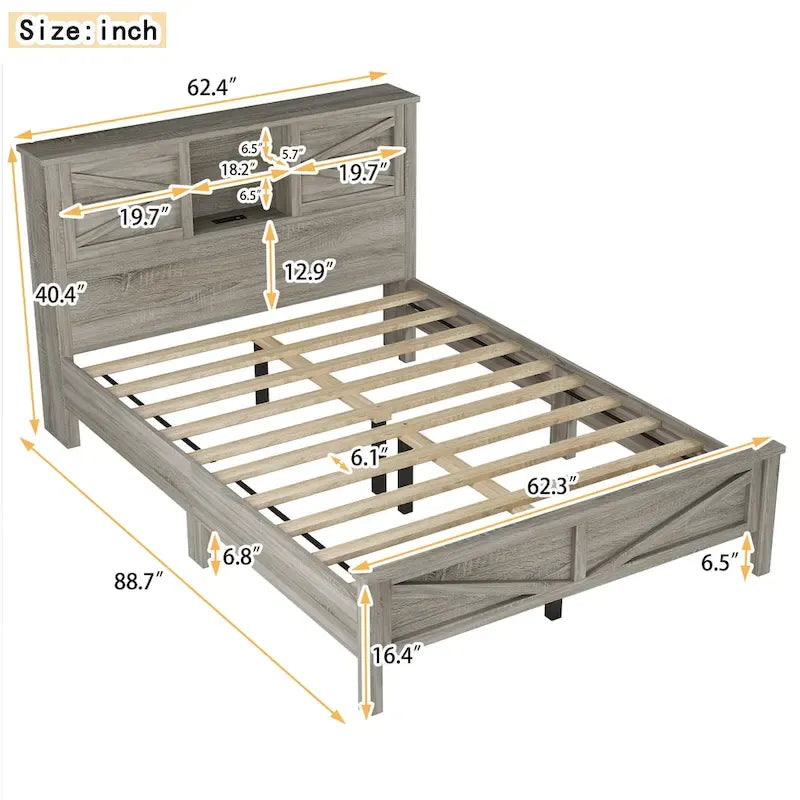 Lit plateforme de style campagnard avec double porte coulissante de style grange et station de recharge