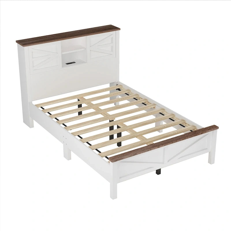 Lit plateforme de style campagnard avec double porte coulissante de style grange et station de recharge