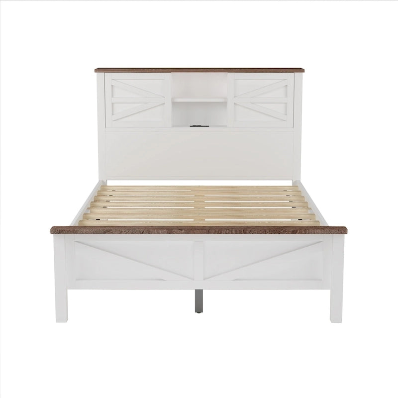 Lit plateforme de style campagnard avec double porte coulissante de style grange et station de recharge