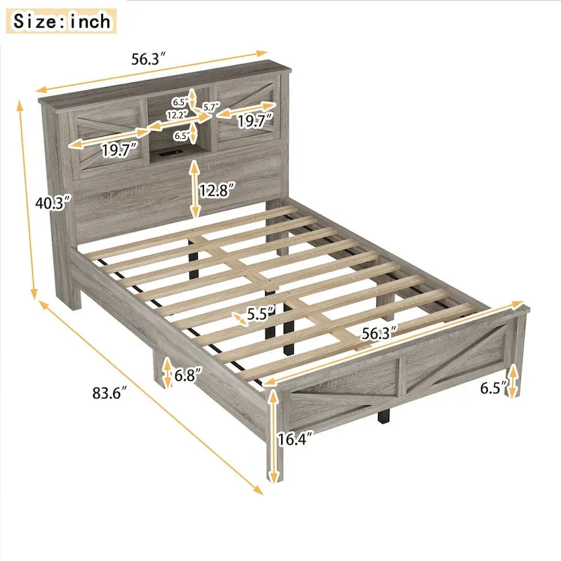 Lit plateforme de style campagnard avec double porte coulissante de style grange et station de recharge