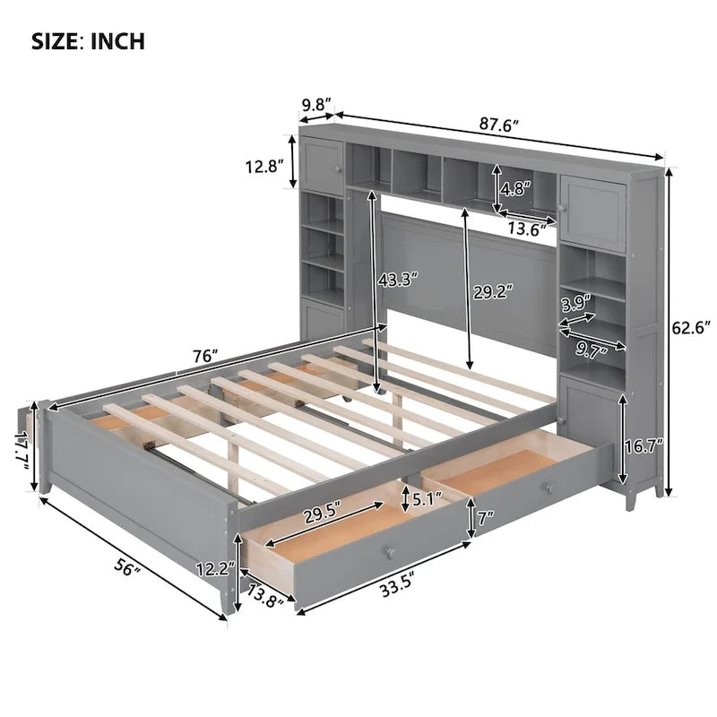 Lit double en bois gris avec armoire de rangement intégrée, étagère et tiroirs, ports USB