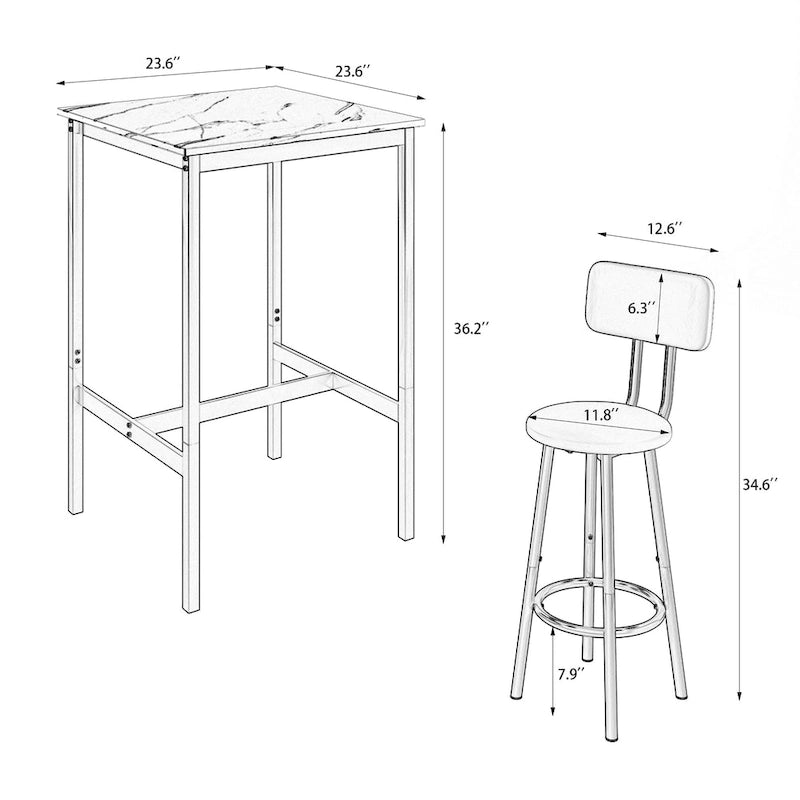 Ensemble de salle à manger moderne 3 pièces avec table carrée, cloison et 2 tabourets de bar