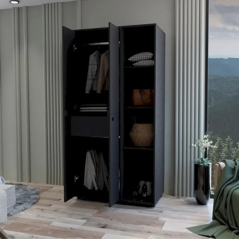 Armoire moderne à double porte 19,48 avec 2 barres métalliques robustes et trois étagères