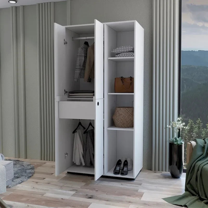 Armoire moderne à double porte 19,48 avec 2 barres métalliques robustes et trois étagères