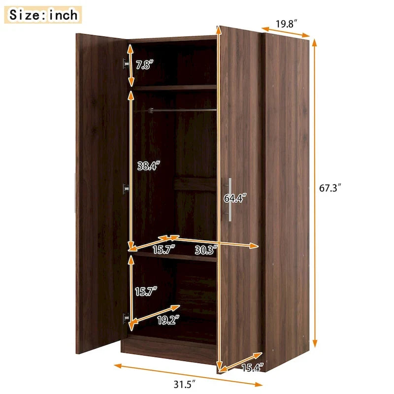 Armoire rustique en bois à 2 portes de 31,5 pouces avec tringle et 3 étagères de rangement pour chambre à coucher