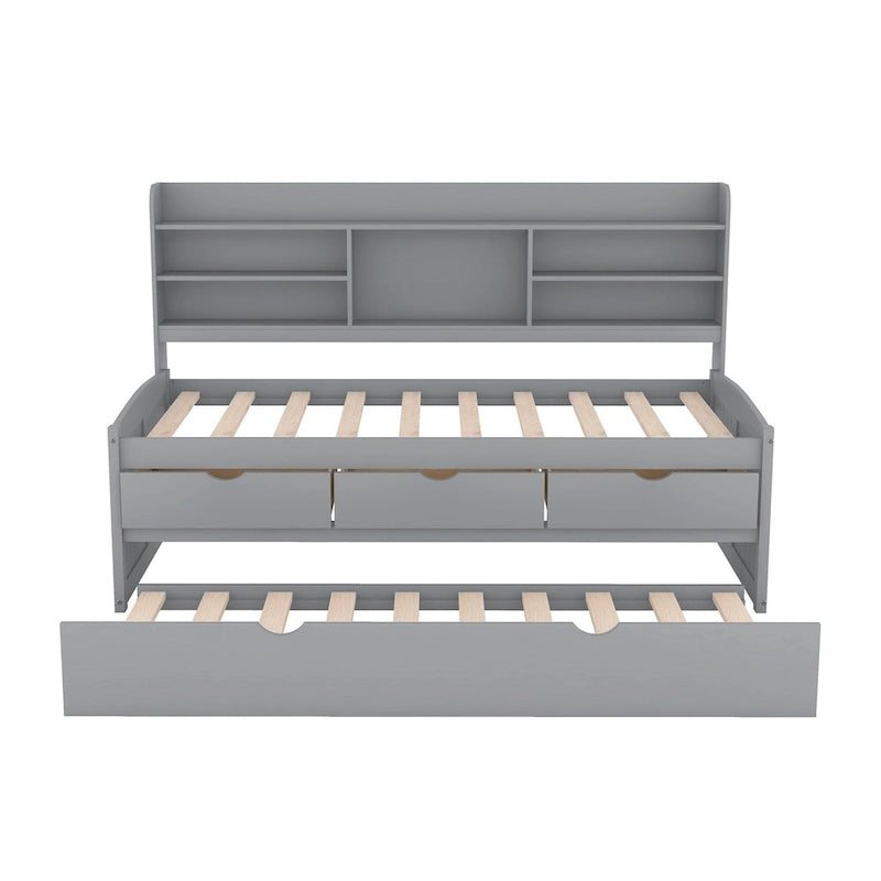 Lit capitaine double en pin avec étagères, tiroirs et lit gigogne