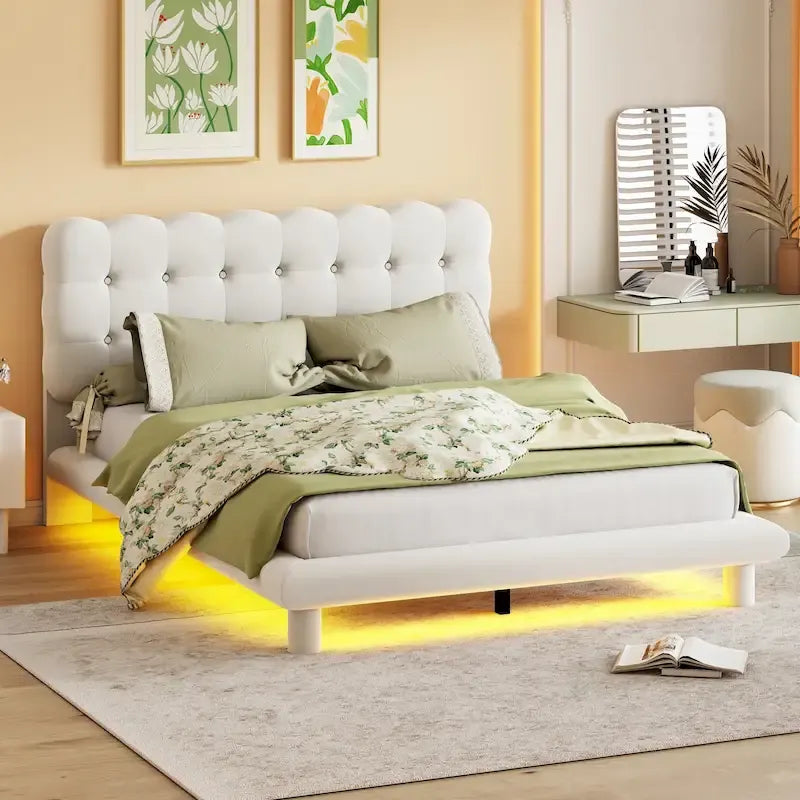 Cadre de lit plateforme en velours Queen Size avec éclairage LED et tête de lit couleur biscuit