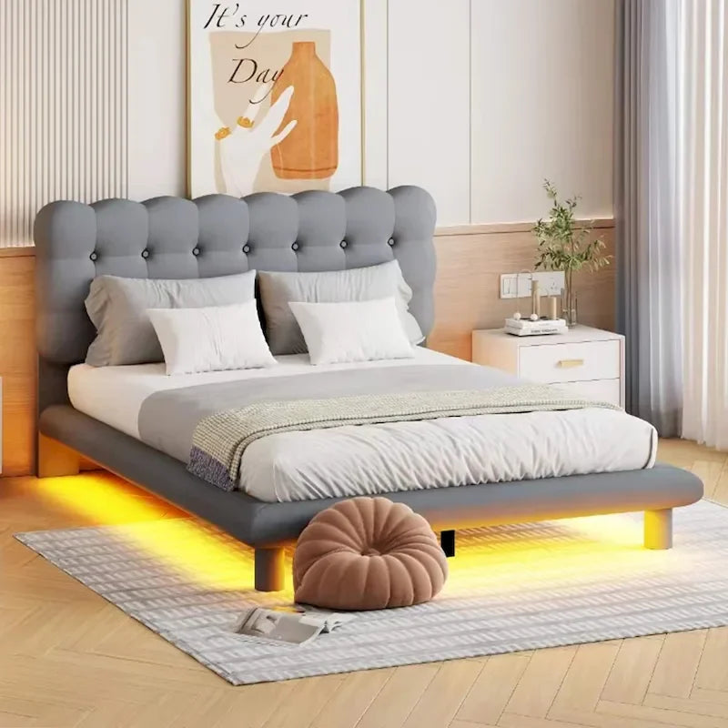 Cadre de lit plateforme en velours Queen Size avec éclairage LED et tête de lit couleur biscuit