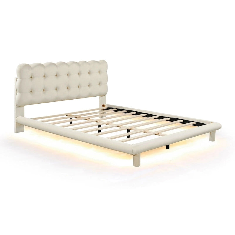 Cadre de lit plateforme en velours Queen Size avec éclairage LED et tête de lit couleur biscuit