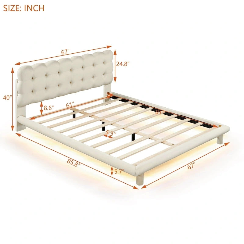 Cadre de lit plateforme en velours Queen Size avec éclairage LED et tête de lit couleur biscuit