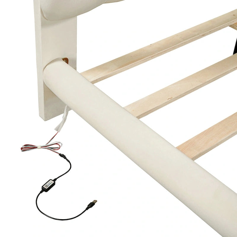 Cadre de lit plateforme en velours Queen Size avec éclairage LED et tête de lit couleur biscuit