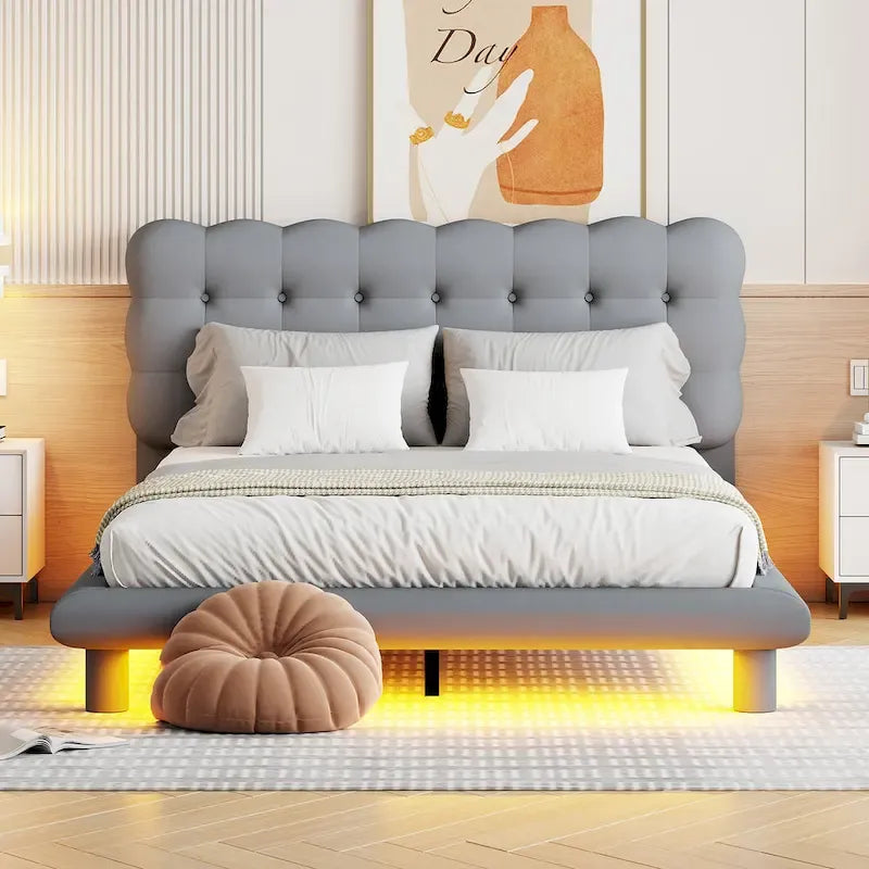 Cadre de lit plateforme en velours Queen Size avec éclairage LED et tête de lit couleur biscuit