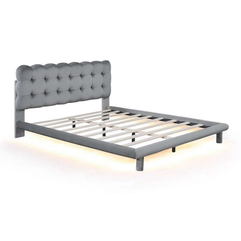 Cadre de lit plateforme en velours Queen Size avec éclairage LED et tête de lit couleur biscuit