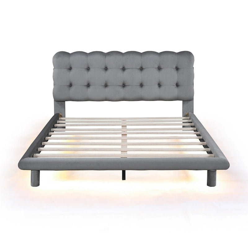 Cadre de lit plateforme en velours Queen Size avec éclairage LED et tête de lit couleur biscuit