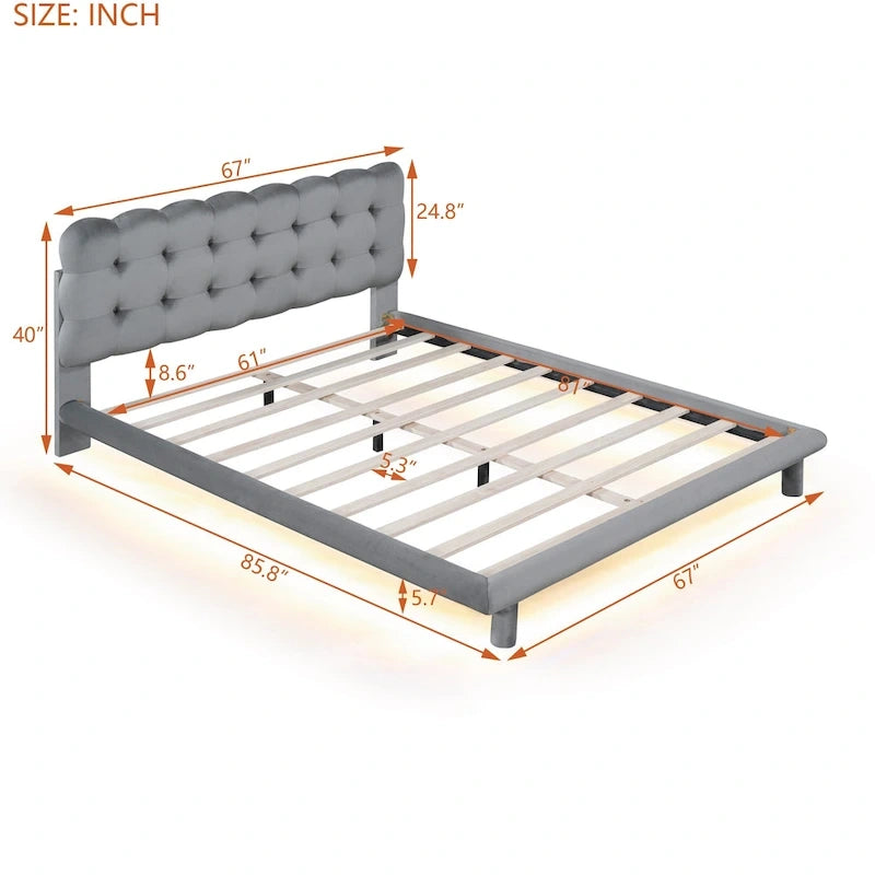 Cadre de lit plateforme en velours Queen Size avec éclairage LED et tête de lit couleur biscuit