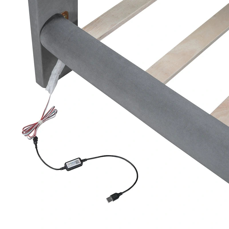 Cadre de lit plateforme en velours Queen Size avec éclairage LED et tête de lit couleur biscuit