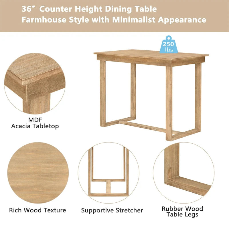 Ensemble de salle à manger de style ferme marron, 5 pièces, hauteur comptoir, avec 4 chaises