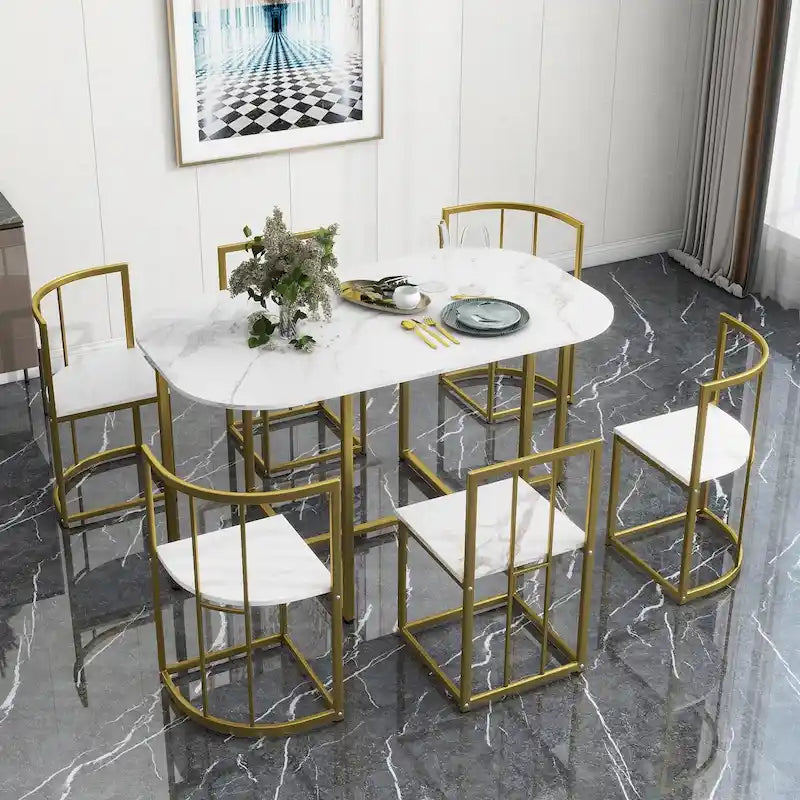Ensemble de salle à manger moderne 7 pièces avec structure en métal, comprenant une table demi-ronde et 6 chaises.