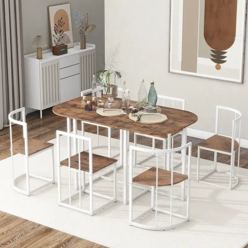 Ensemble de salle à manger moderne 7 pièces avec structure en métal, comprenant une table demi-ronde et 6 chaises.