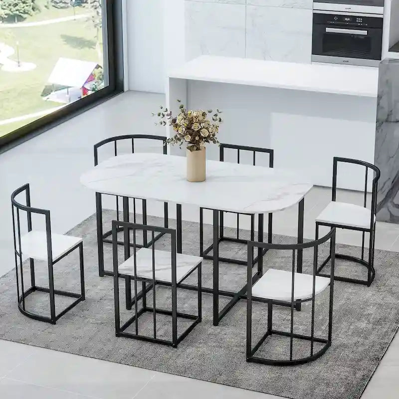 Ensemble de salle à manger moderne 7 pièces avec structure en métal, comprenant une table demi-ronde et 6 chaises.
