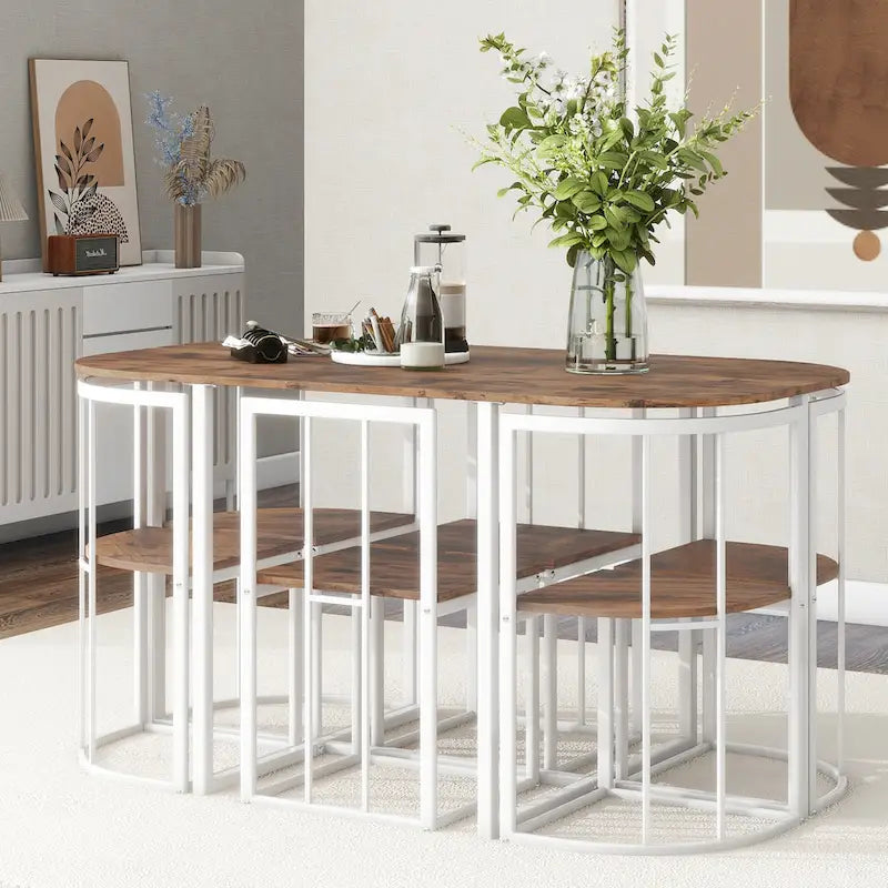 Ensemble de salle à manger moderne 7 pièces avec structure en métal, comprenant une table demi-ronde et 6 chaises.