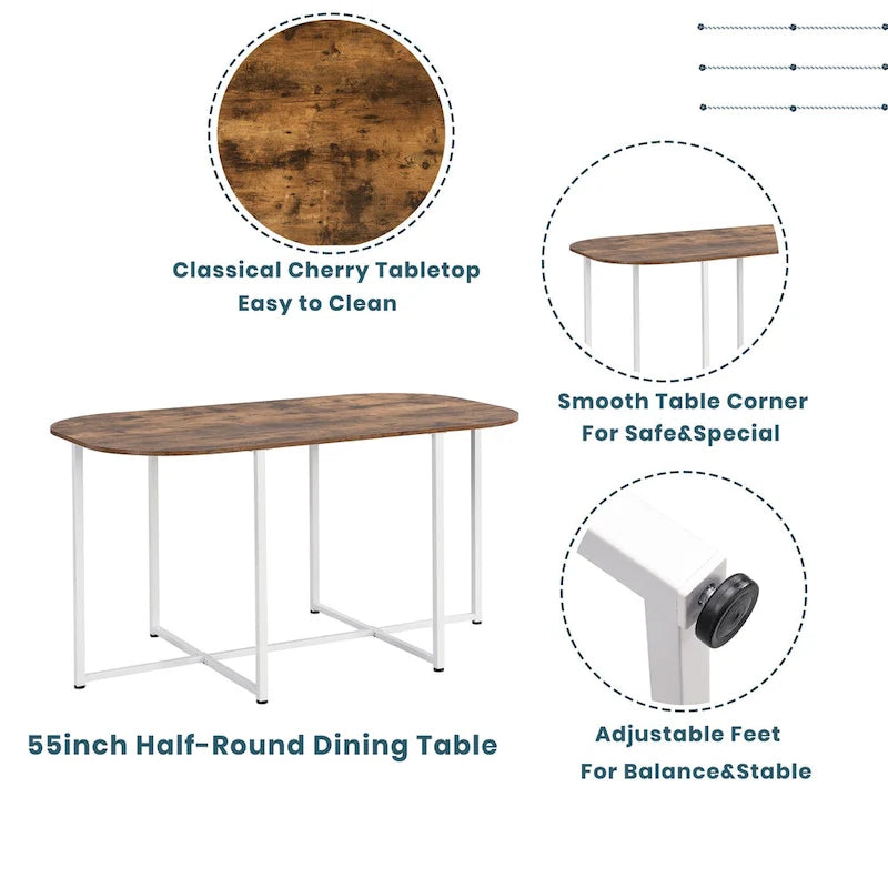 Ensemble de salle à manger moderne 7 pièces avec structure en métal, comprenant une table demi-ronde et 6 chaises.
