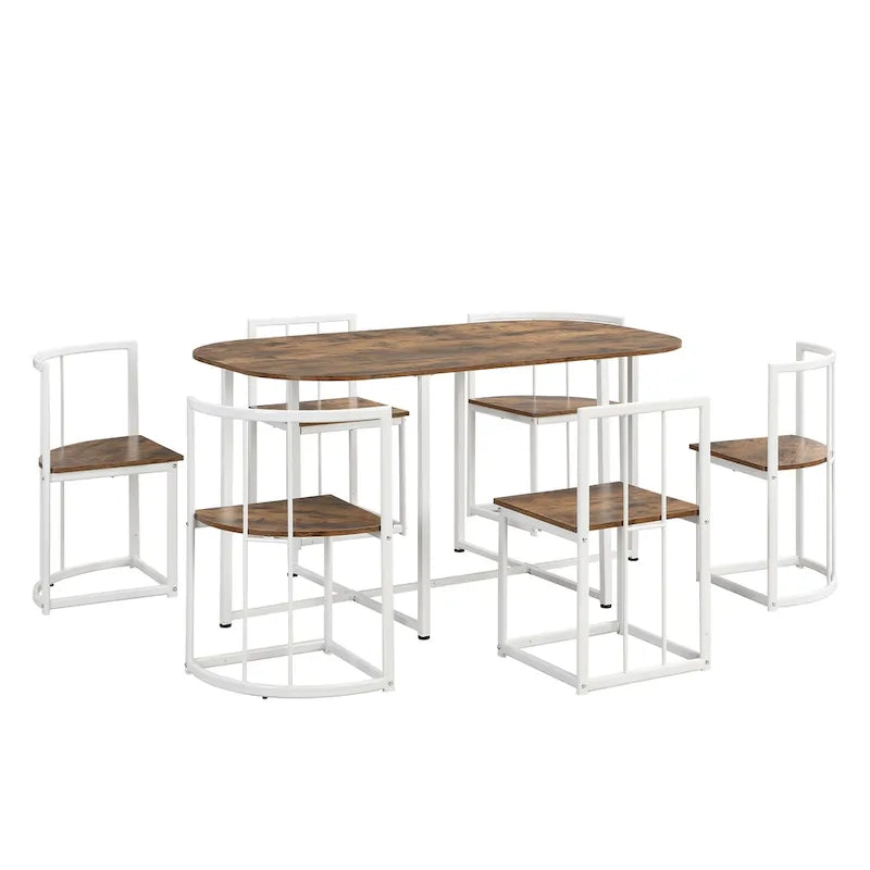 Ensemble de salle à manger moderne 7 pièces avec structure en métal, comprenant une table demi-ronde et 6 chaises.
